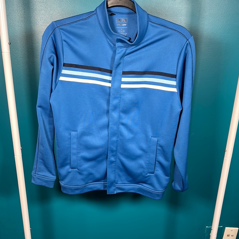 Adidas Blue and White Windbreaker with Retro Stripes